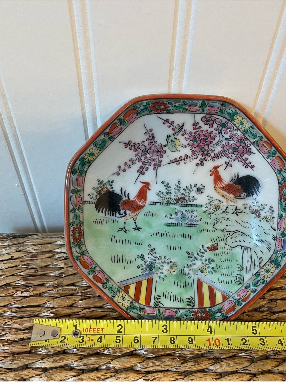 Vintage Hand-Painted Rooster Porcelain Decorative Plate - Green & Orange